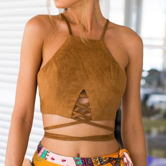 Light Brown Faux Suede Strappy Boho Crop Top Sm - Picture 2 of 4